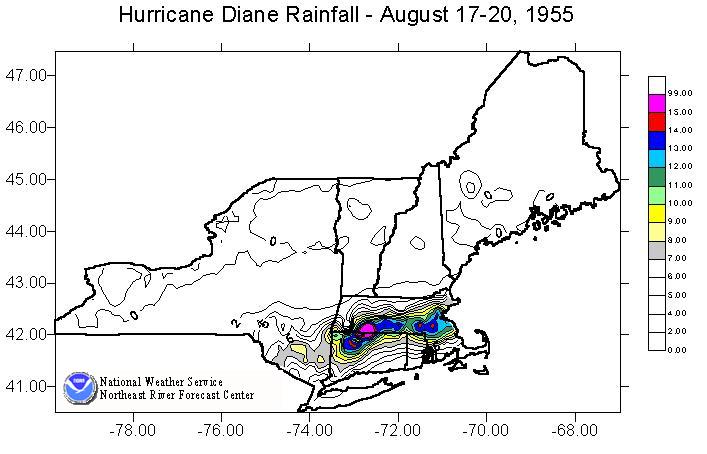 Image of the total rainfall produced across the Northeast U.S. by Hurricane Diane from August 17-20, 1955.