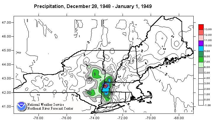 Image of water equivalent precipitation totals across the Northeast from December 28, 1948 through January 1, 1949.