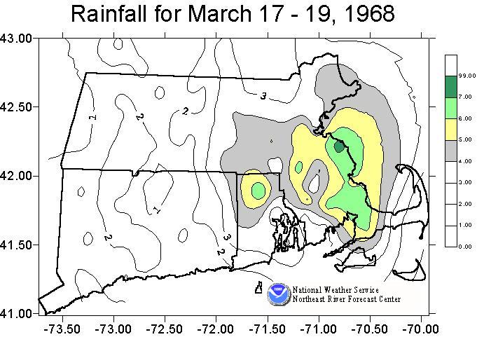 Image of rainfall totals across southern New England from March 17-19, 1968.