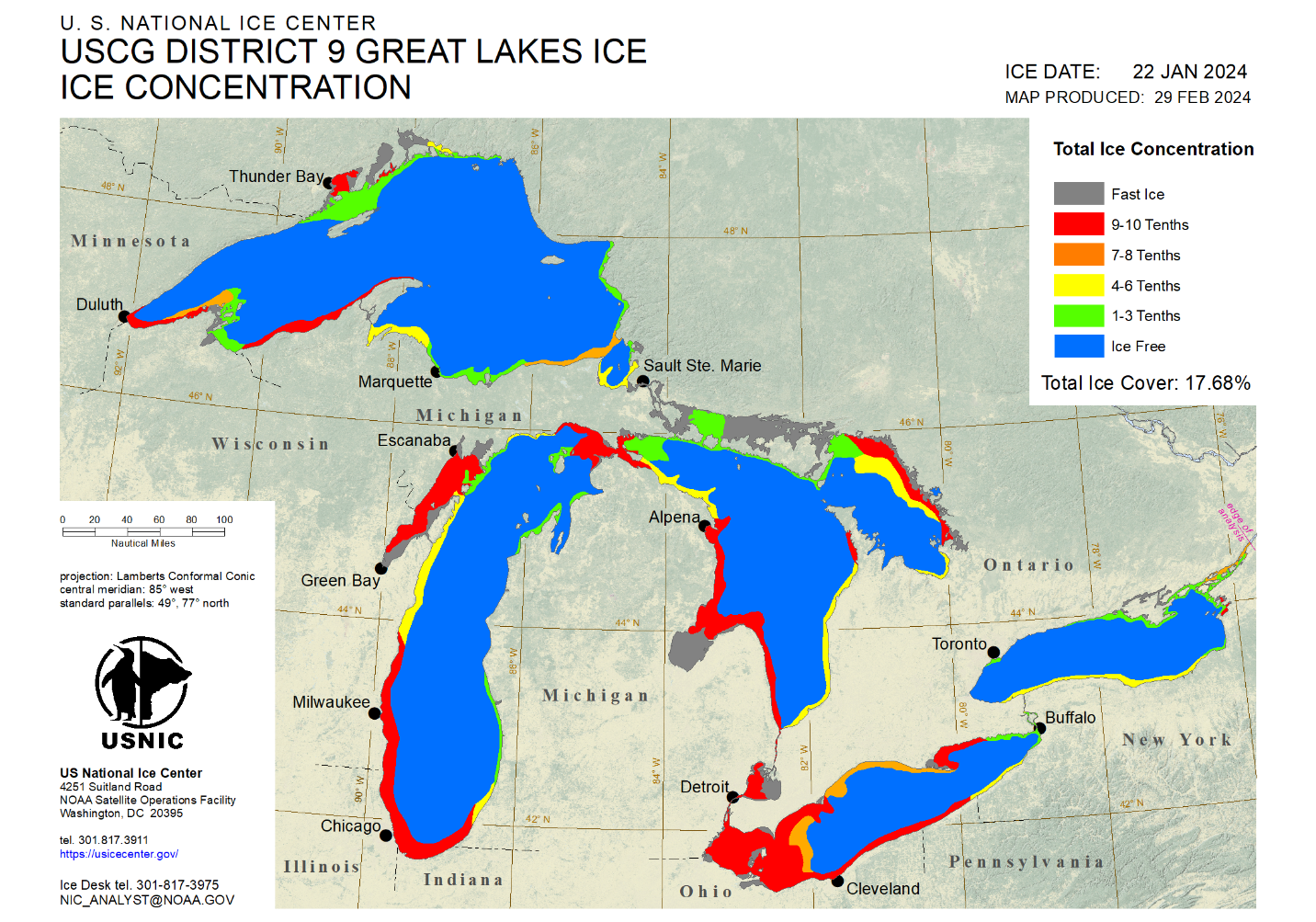 Great Lakes ice coverage on January 22, 2024, as analyzed by the U.S. National Ice Center