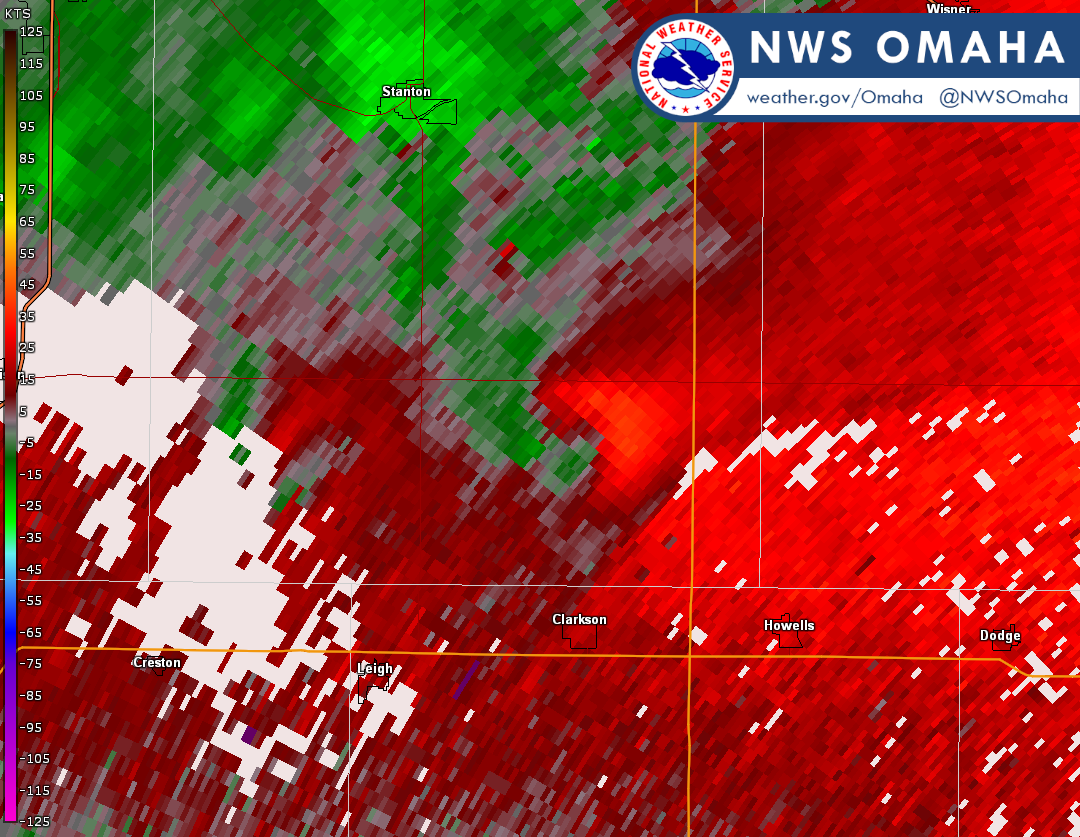 Radar image showing the tornado north of Clarkson, Nebraska