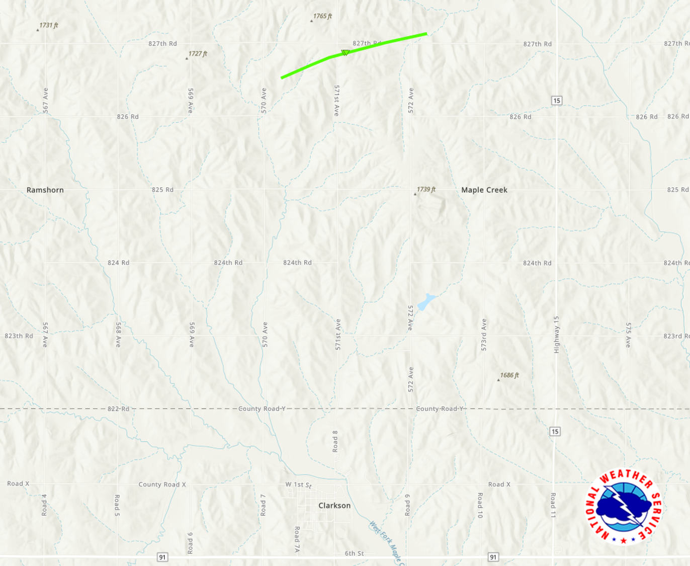 Track Map showing the damage path from the tornado north of Clarkson, Nebraska tracking along 827th Road from 570th to just past 572nd Ave. 