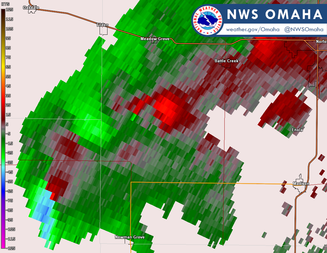 Radar showing rotation right over the location of the tornado south of Meadow Grove, Nebraska.