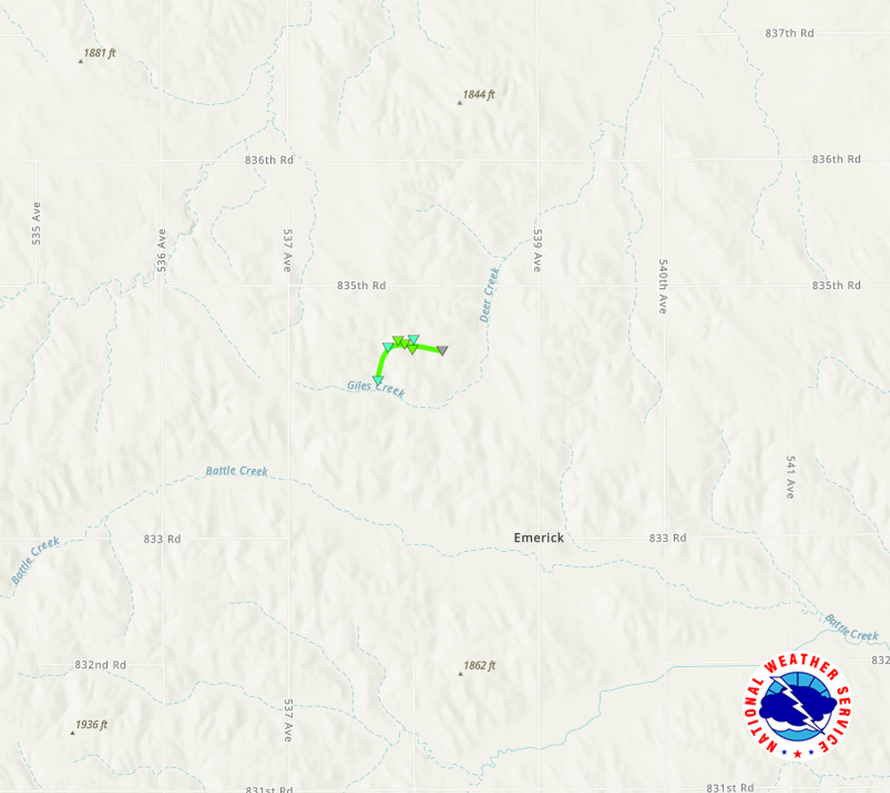 Track map of the damage path from the Meadow Grove tornado northwest of Emerick, Nebraska.