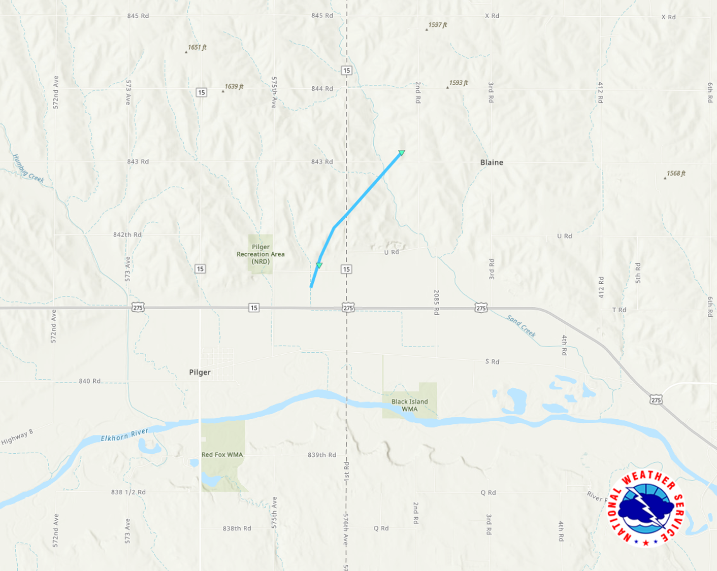 Track map showing the damage path from the tornado northeast of Pilger, Nebraska.