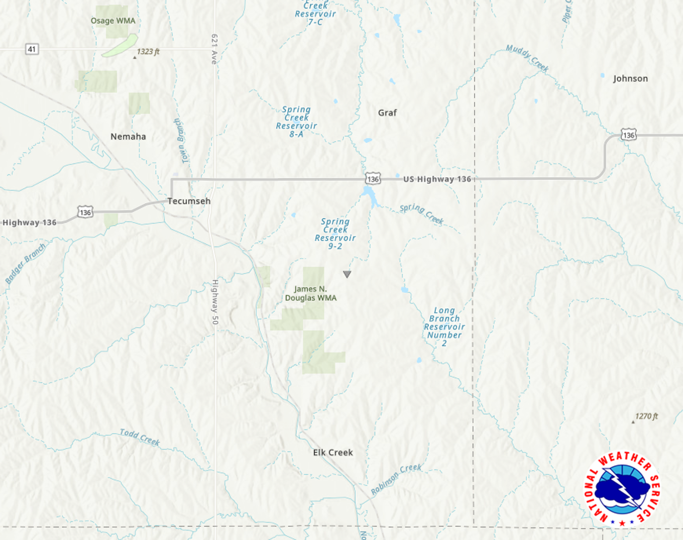 Track map showing the approximate location where the tornado was observed southeast of Tecumseh, Nebraska.