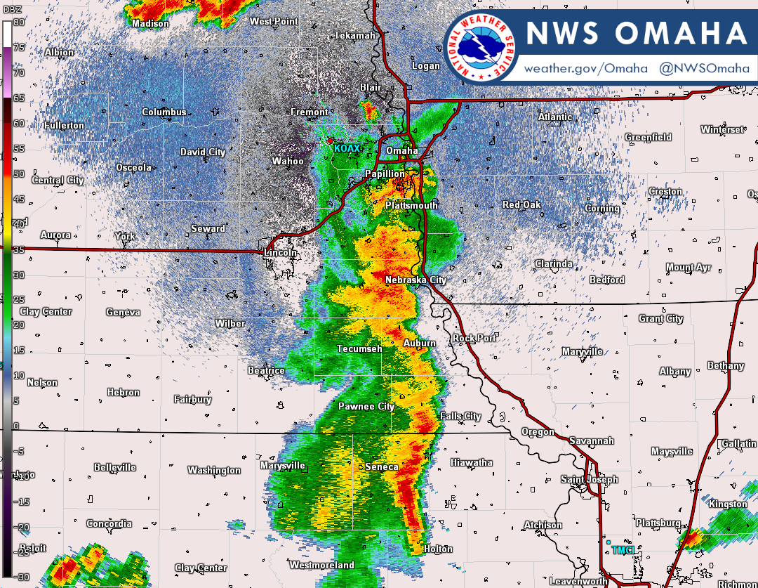 Radar image of the line of storms moving across southeast Nebraska.