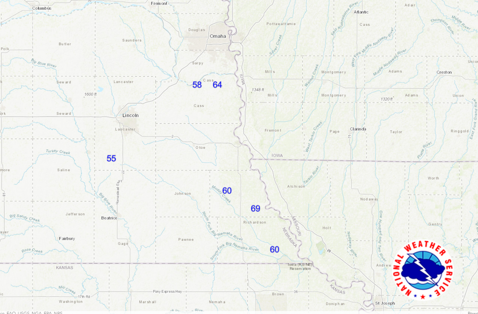 Wind reports of 55 to 69 mph across southeast Nebraska.