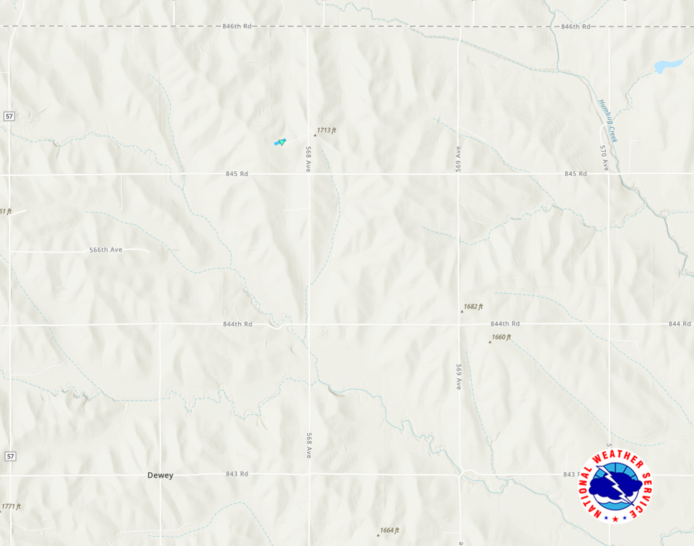 Track map of the damage path from the Winside Tornado north of Dewey.