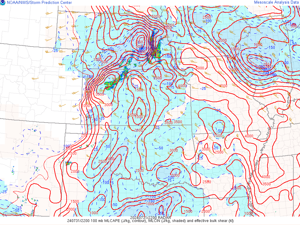 Mixed-layer CAPE and effective bulk shear at 5 PM