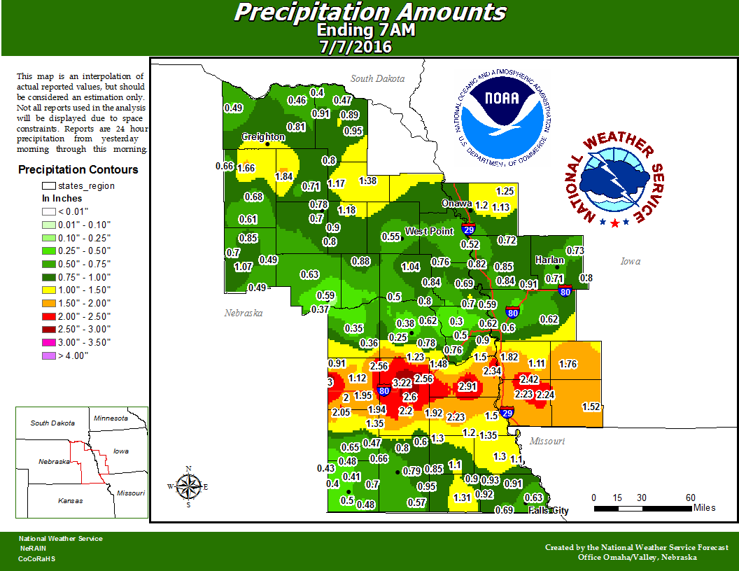 24 Hour Rainfall Map Ending 7am July 07, 2016