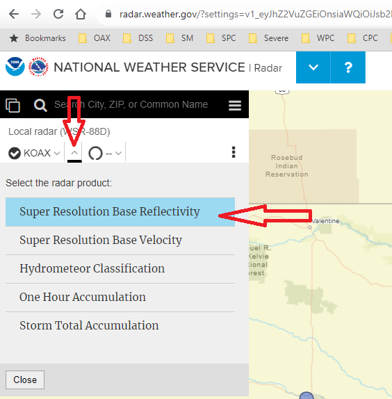 Showing how to select a radar product