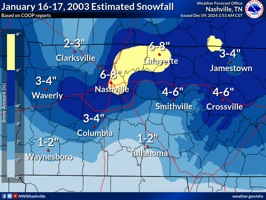 January 16-17, 2003 Estimated Snow Totals