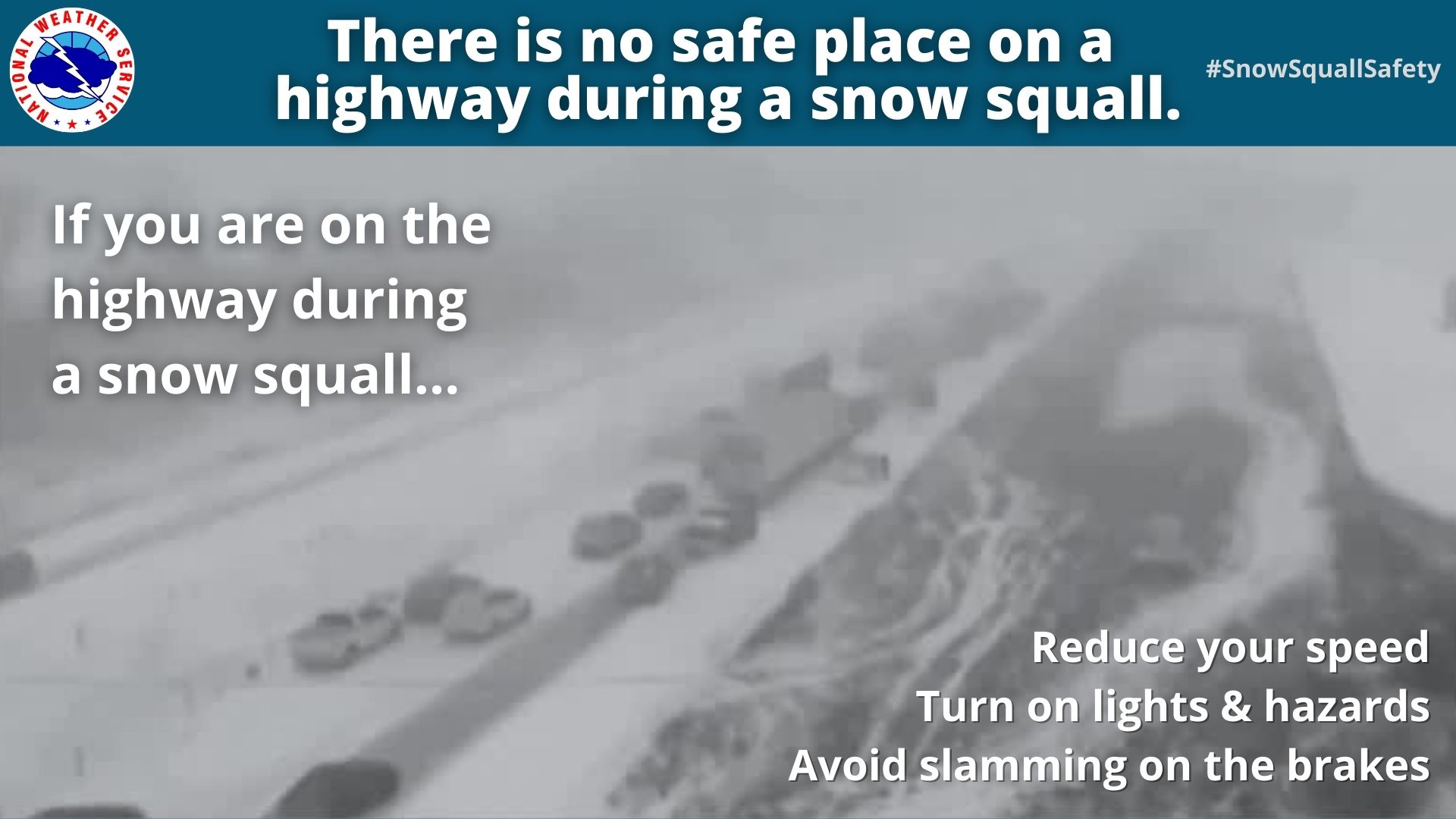 There is no safe place on a highway during a snow squall. If you are on the highway during a snow squallâ€¦ reduce your speed, turn on lights and hazards, and avoid slamming on the breaks. A video outlines an interstate pileup due to a snow squall with low visibility and snow/ice covering the roadway.