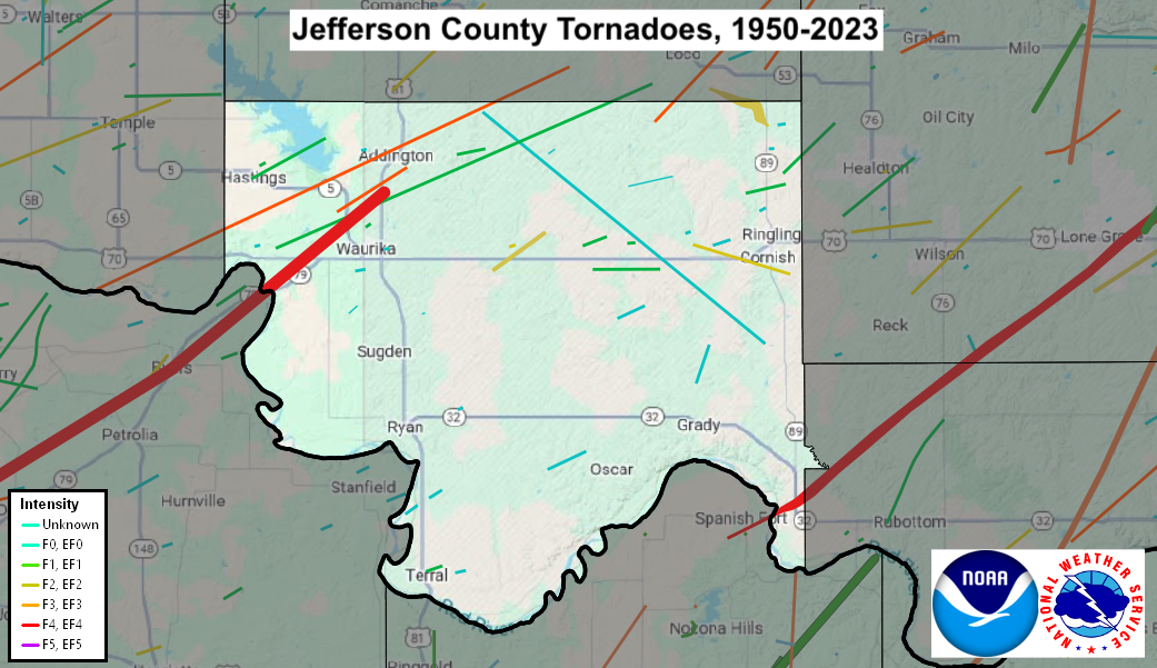 Tornado Track Map for Jefferson County, OK