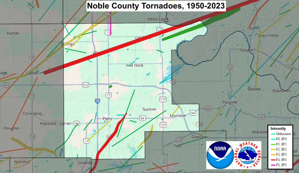 Tornado Track Map for Noble County, OK