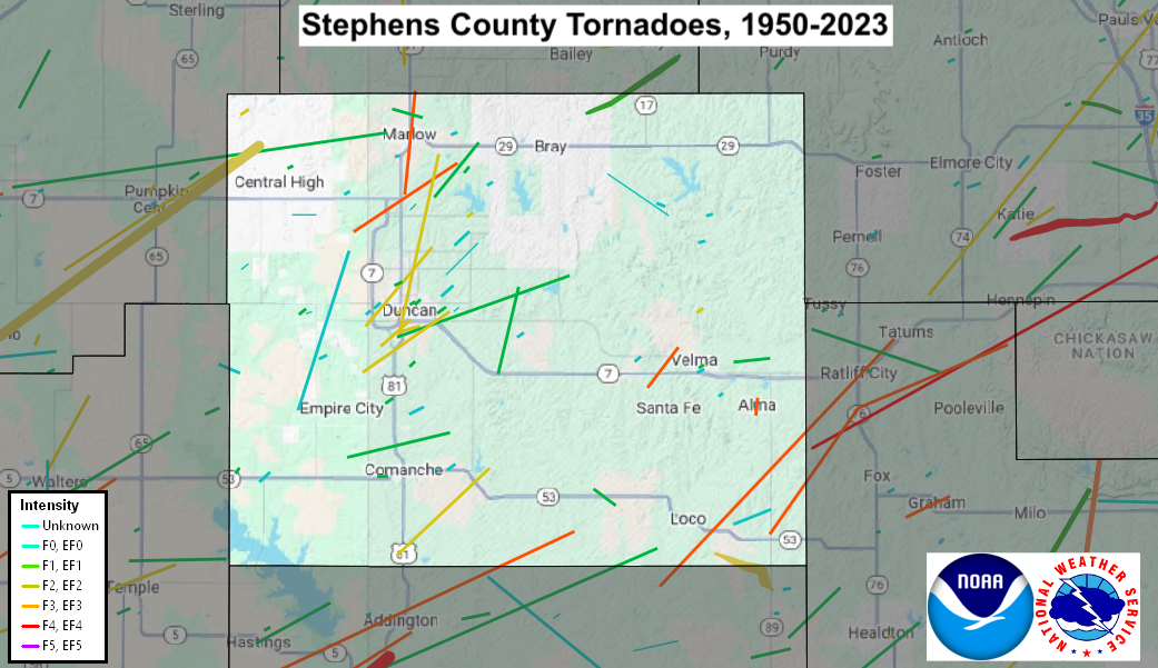 Tornado Track Map for Stephens County, OK