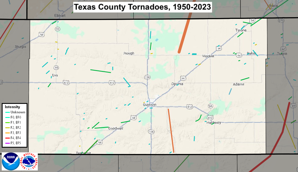 Tornado Track Map for Texas County, OK