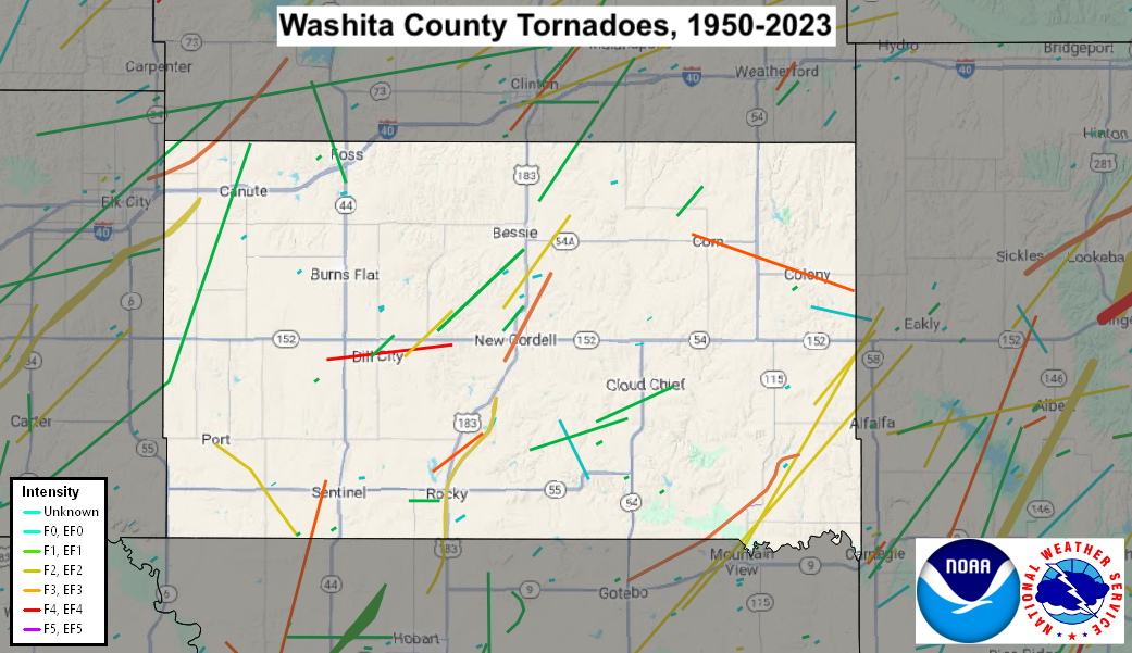 Tornado Track Map for Washita County, OK