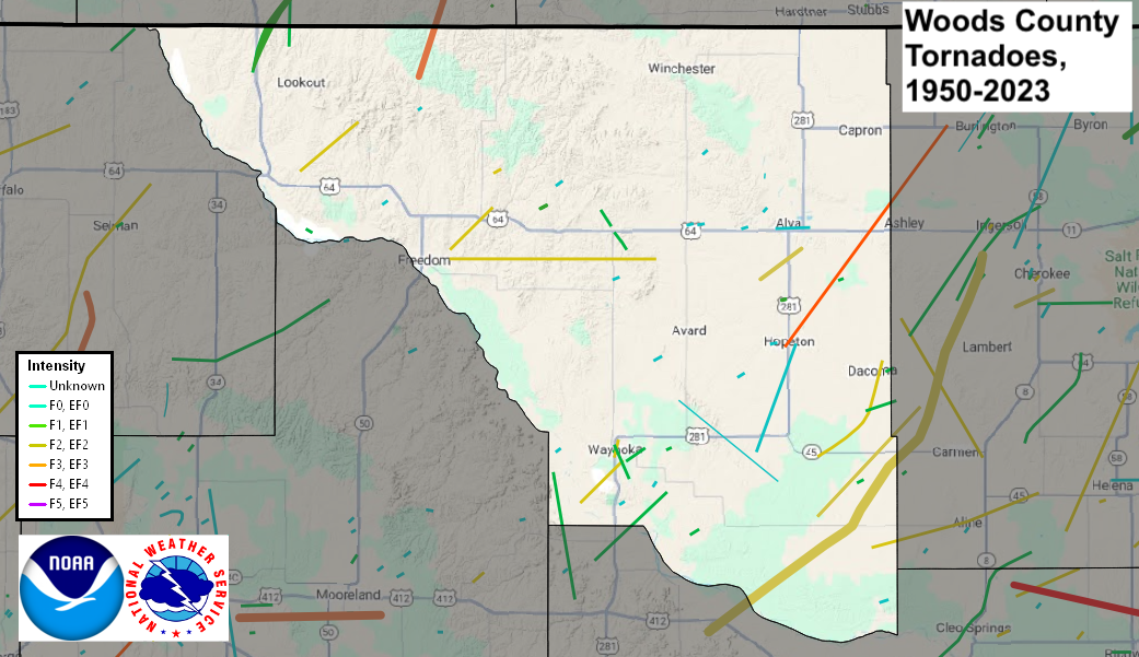 Tornado Track Map for Woods County, OK
