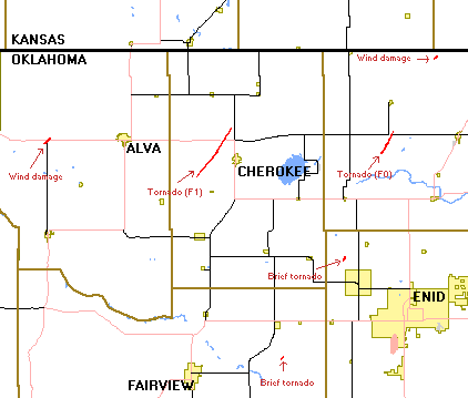 Figure 1: Map of storm damage locations in northwest/north central Oklahoma