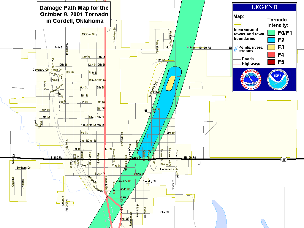 Damage Path Map for the Cordell Tornado produced by Storm C on October 9, 2001