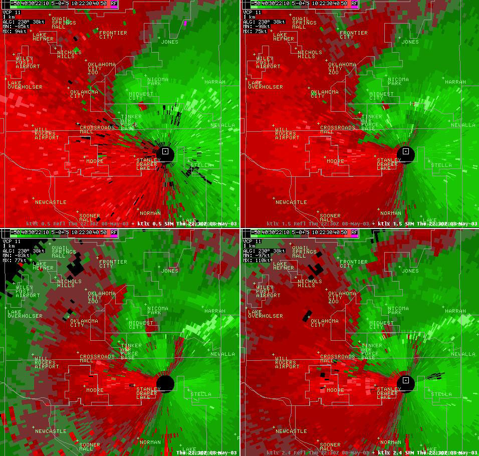 Twin Lakes, OK (KTLX) 4-panel Storm Relative Velocity Display for 5:30 pm CDT, 5/08/2003
