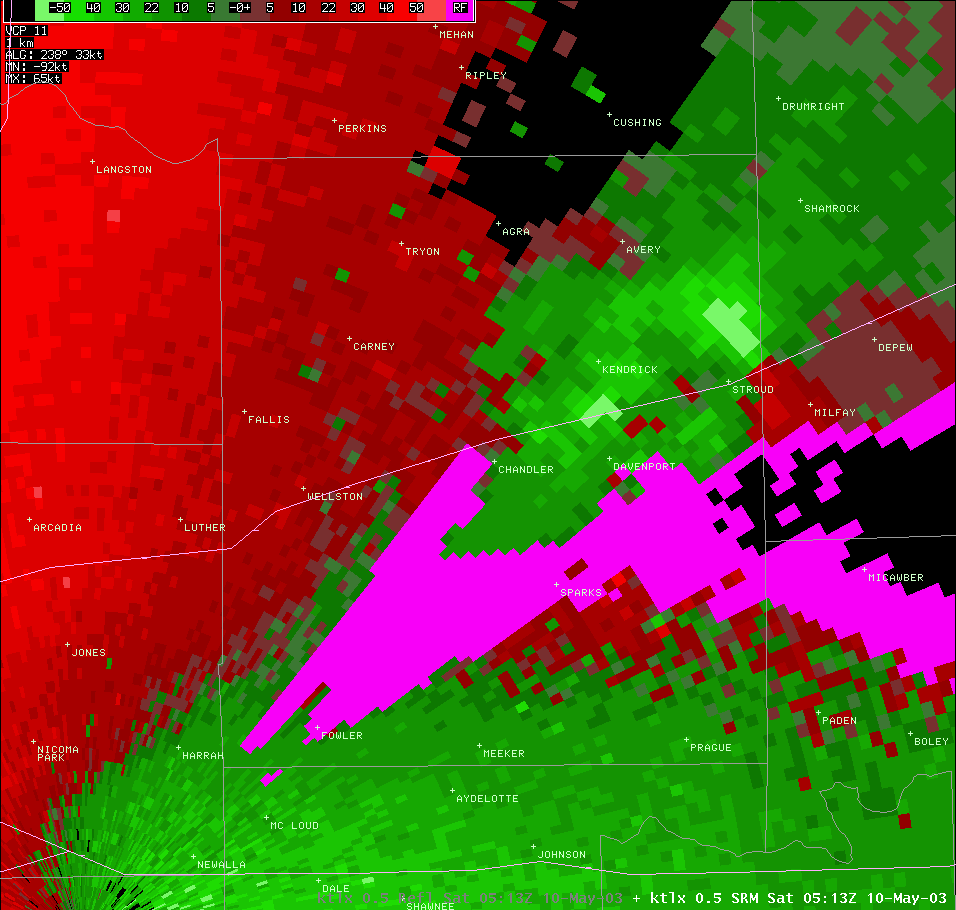 Twin Lakes, OK (KTLX) Storm Relative Velocity for 12:13 AM CDT, 5/10/2003