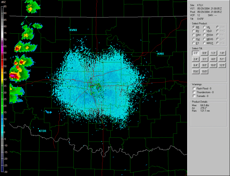 Twin Lakes, OK (KTLX) WSR-88D Radar Reflectivity Loop from 3:00 PM - 11:56 PM CST on May 29, 2004