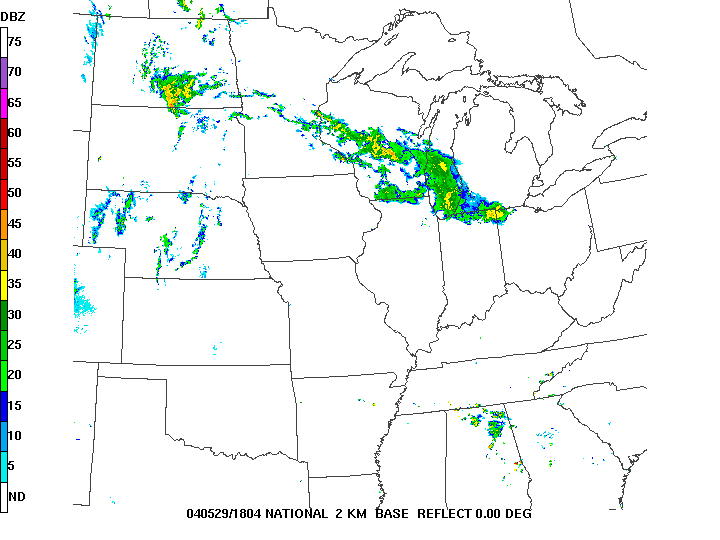 Regional Radar Reflectivity Loop in 30-minute intervals from 1 PM CDT on May 29 thru 7:30 AM CDT on May 30, 2004