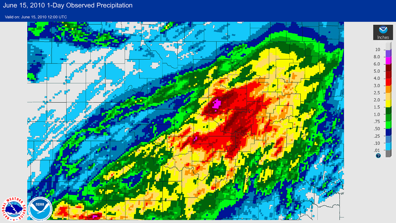 24-hour Multi-sensor Precipitation Estimates Ending at 7:00 am CDT on 6/15/2010