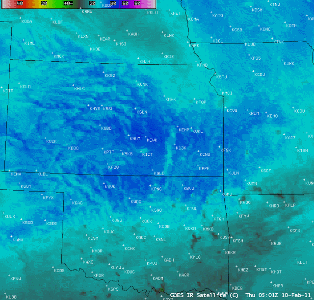 CIMSS animated satellite image of 4-km resolution GOES-13 10.7 Âµm IR data shows a large region with very cold surface IR brightness temperatures during the early to mid morning hours of February 10, 2011 (darker blue color enhancement)  over the snow-covered portions of Kansas and Oklahoma.