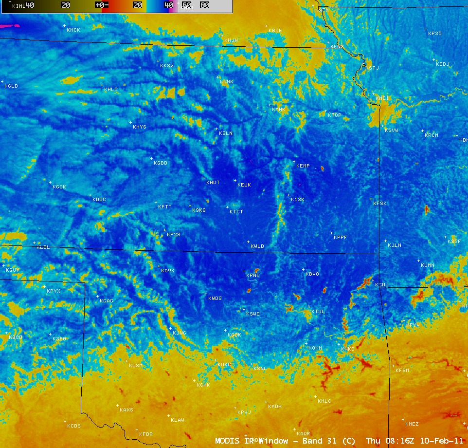 1-km resolution MODIS 11.0 Âµm IR image of the central Great Plains at 02:16 AM on February 10, 2011