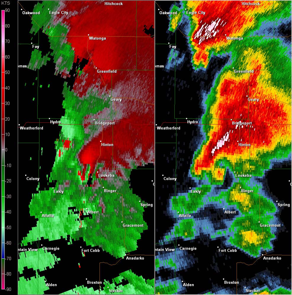 Twin Lakes, OK (KTLX) Combination Radar Relectivity and Storm Relative Velocity at 3:36 PM CDT on 5/24/2011