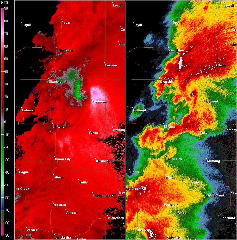 Twin Lakes, OK (KTLX) Combination Radar Reflectivity and Storm Relative Velocity at 4:48 PM CDT on 5/24/2011