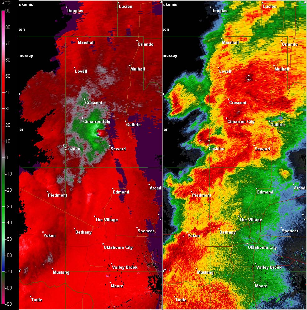 Twin Lakes, OK (KTLX) Combination Radar Reflectivity and Storm Relative Velocity at 5:18 PM CDT on 5/24/2011