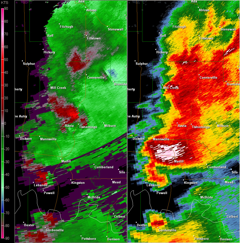 Twin Lakes, OK (KTLX) Radar Reflectivity and Storm Relative Velocity at 7:41 PM CDT on 5/24/2011