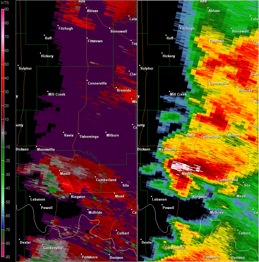 Fort Worth, TX (KFWS) Radar Reflectivity and Storm Relative Velocity at 7:47 PM CDT on 5/24/2011