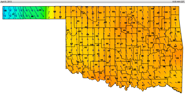 Loop of the Temperature Change Across Oklahoma on April 9, 2013