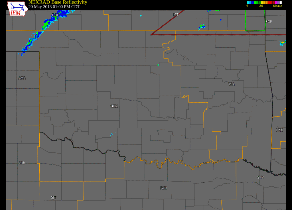 Regional Radar Reflectivity Loop with Watch and Warning Polygons from 2:00 pm CDT on May 20, 2013 to 2:00 am CDT on May 21, 2013 and Created Via the ISU Iowa Environmental Mesonet Website