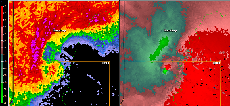 Split Screen View of Reflectivity and Storm Relative Velocity at 5:57 PM CDT on May 16, 2015 from the Frederick, OK (KFDR) Radar