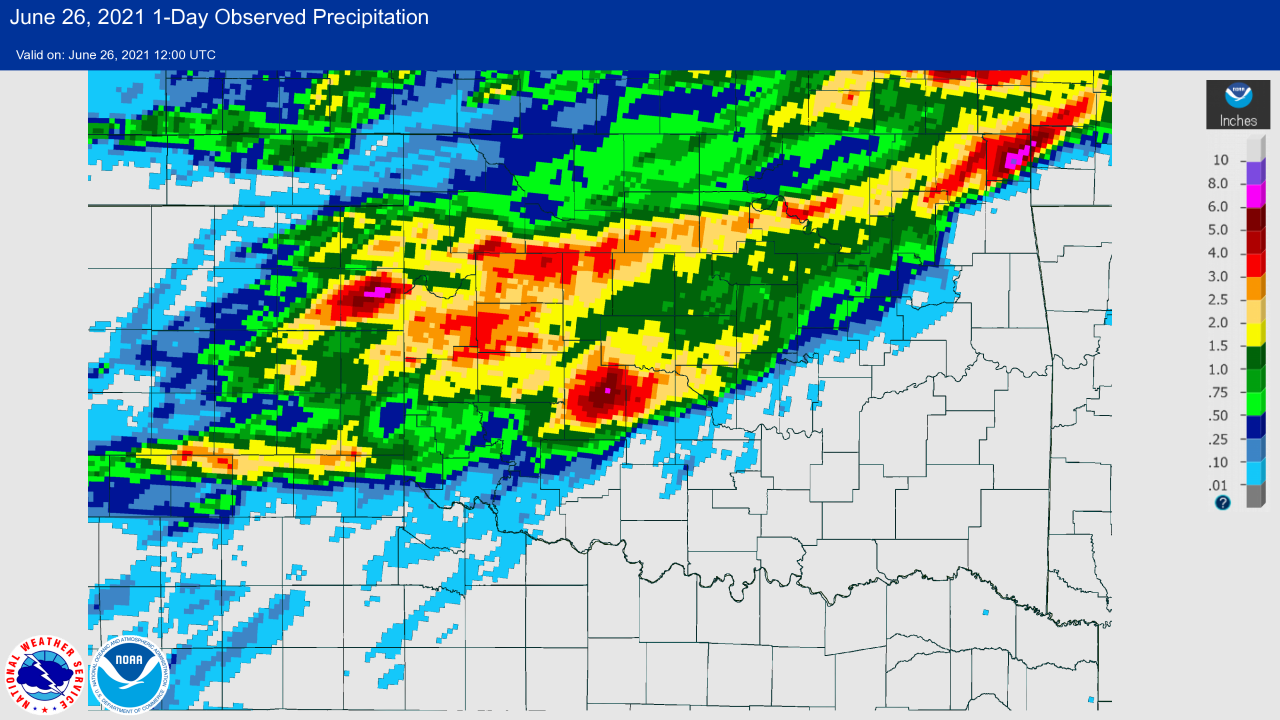 Rainfall Map for the 24-hour Period Ending at 7 AM CDT on June 26, 2021