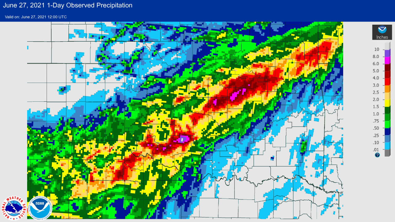 Rainfall Map for the 24-hour Period Ending at 7 AM CDT on June 27, 2021