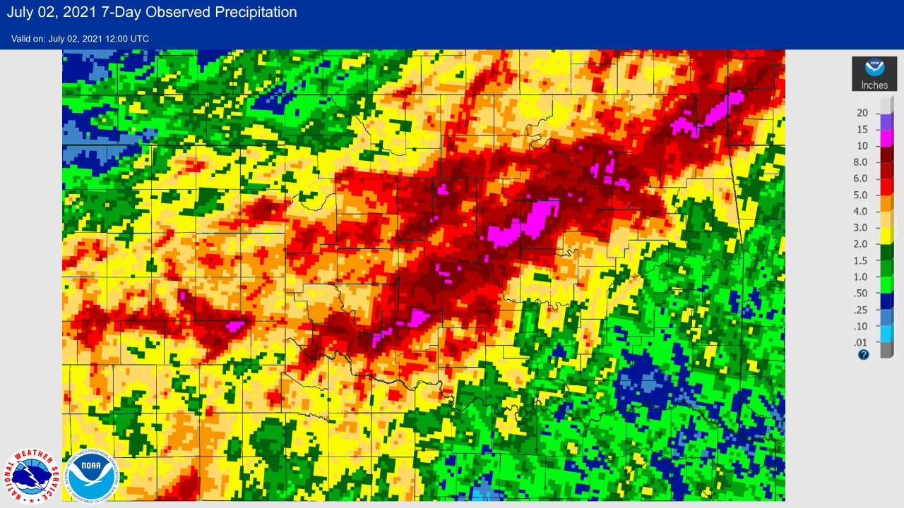 7-day Observed Rainfall at 7 AM CDT on July 2, 2021