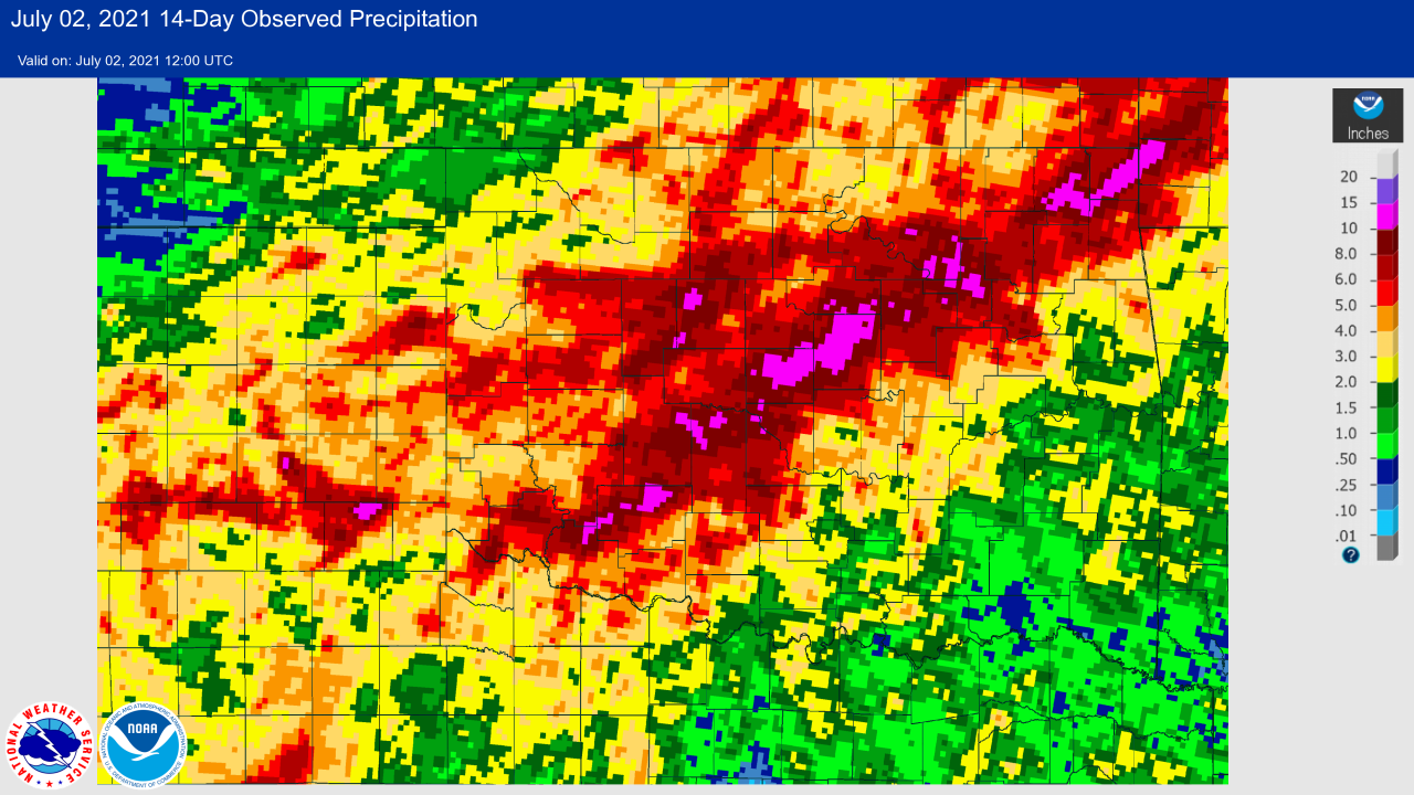 14-day Observed Rainfall at 7 AM CDT on July 2, 2021