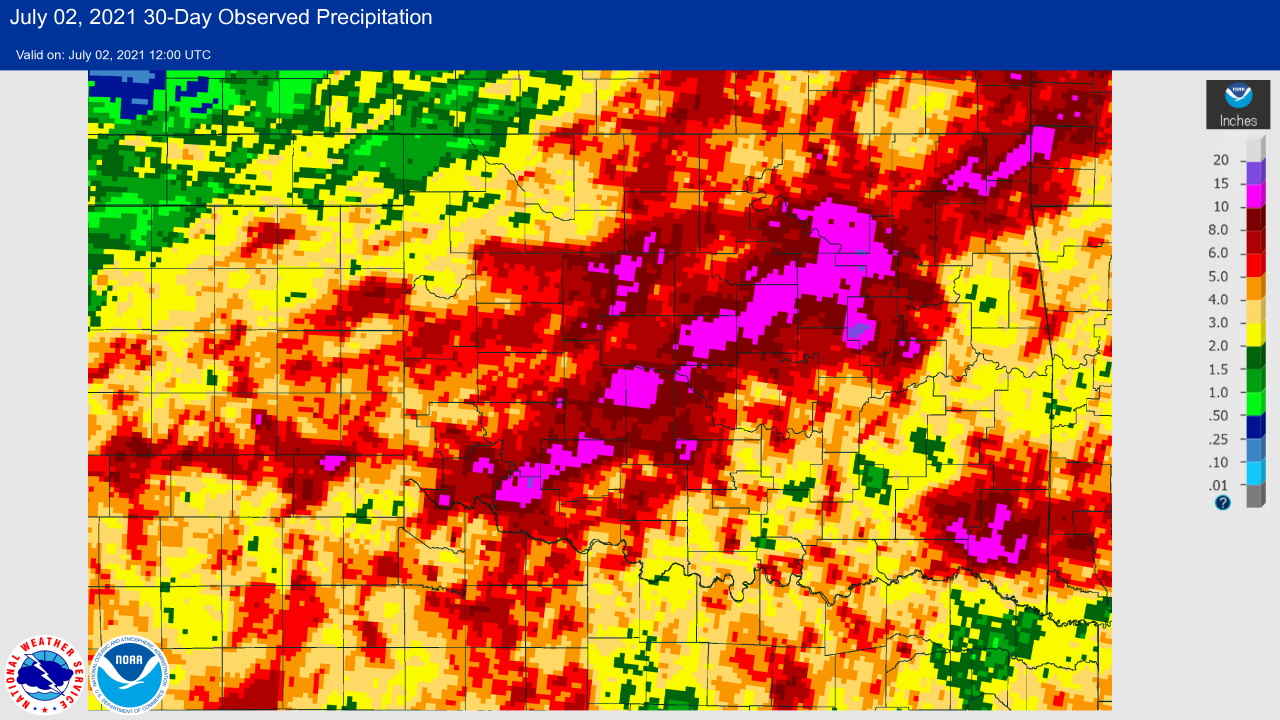 30-day Observed Rainfall at 7 AM CDT on July 2, 2021