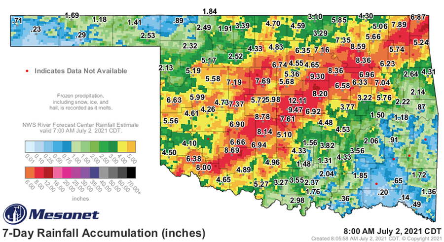 7-day Observed Rainfall at 8 AM CDT on July 2, 2021