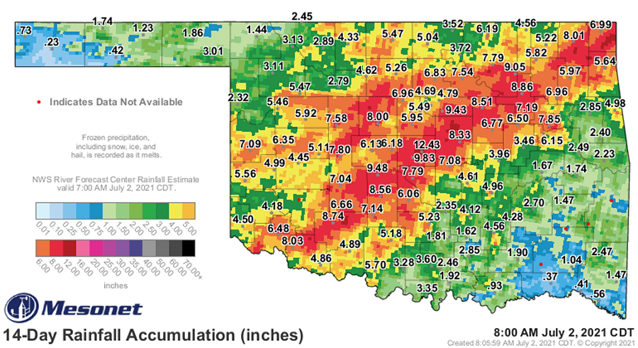 14-day Observed Rainfall at 8 AM CDT on July 2, 2021