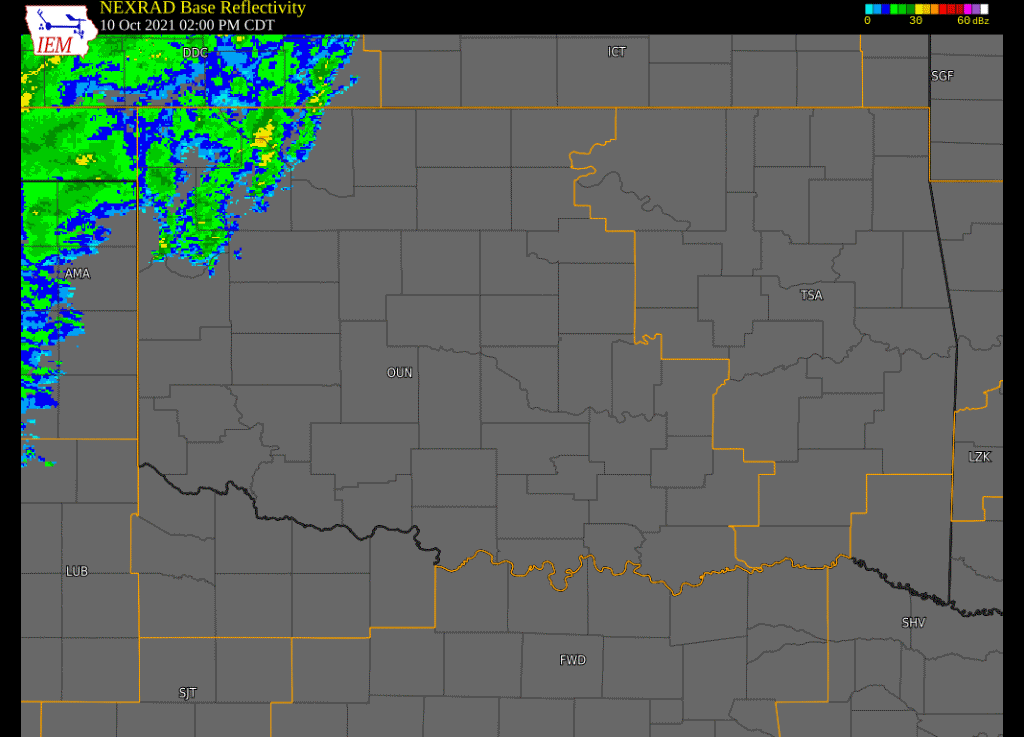 Regional Radar Reflectivity Loop with Watch and Warning Polygons from 2:00 pm CDT on October 10, 2021 to 1:00 am CDT on October 11, 2021  Created Via the ISU Iowa Environmental Mesonet Website