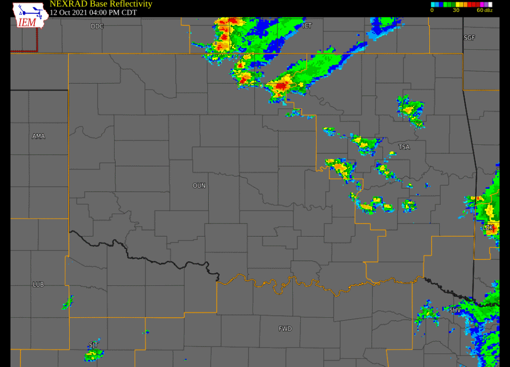 Regional Radar Reflectivity Loop with Watch and Warning Polygons from 4:00 pm CDT on October 12, 2021  to 9:00 am CDT on October 13, 2021  Created Via the ISU Iowa Environmental Mesonet Website
